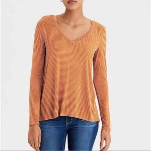 American Eagle Outfitters Mustard Striped V-Neck Long Sleeve Tee